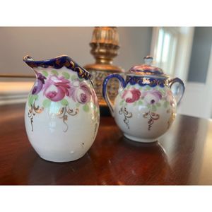 Antique Hand Painted Creamer and Lidded Sugar Floral Blue and Gold